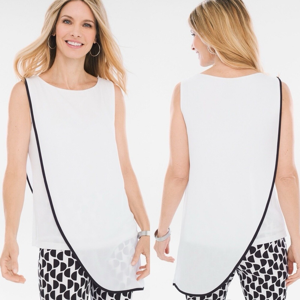 Chico's Travelers Classic Chiffon Overlay Tank White Black Trim Preppy Sz 0